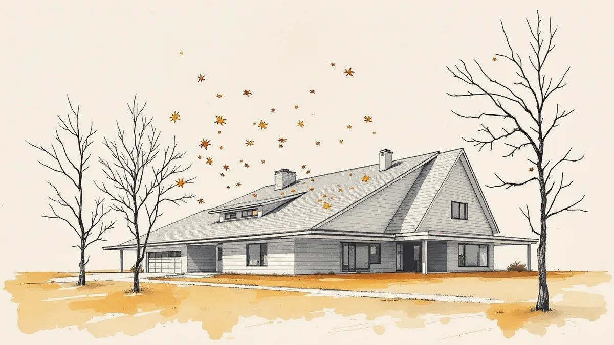 Ink and watercolour sketch of a house with autumn leaves falling onto the roof and gutter, bare trees on either side