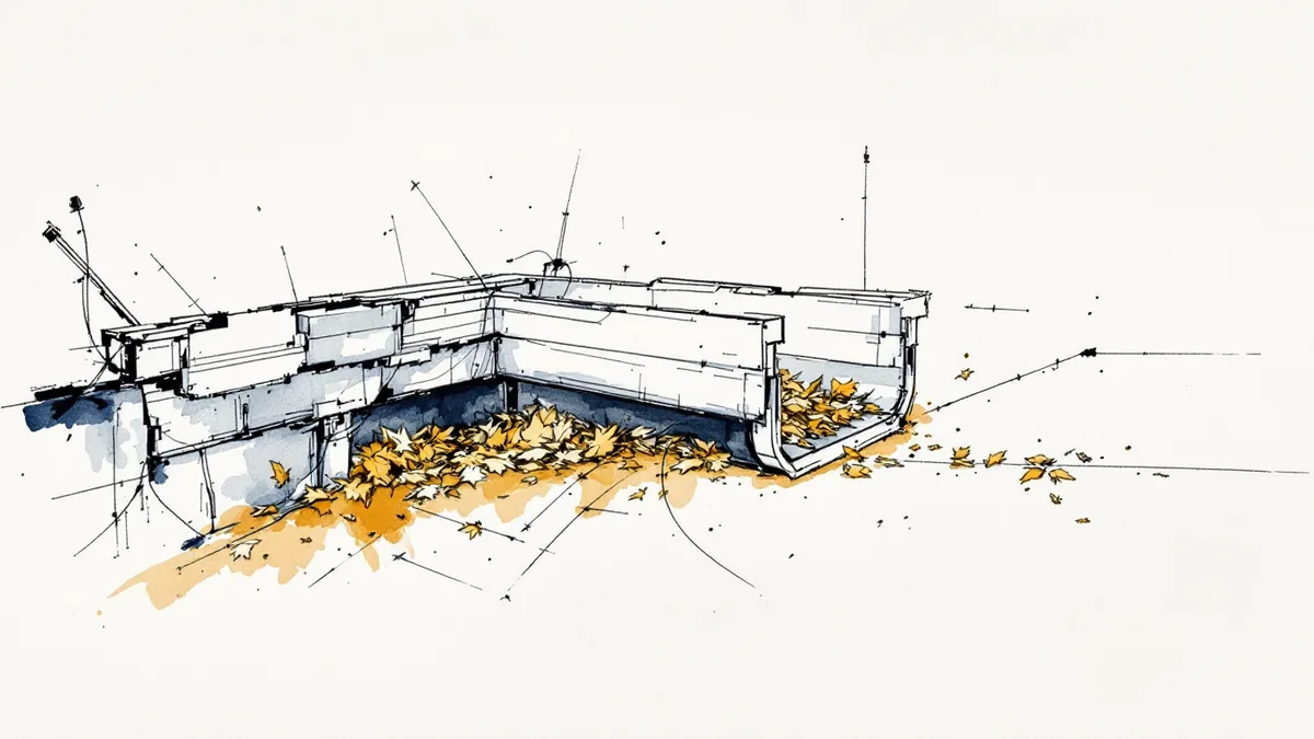 Ink and watercolour cutaway sketch of a gutter corner heaped with fallen leaves beside a cleared section of channel