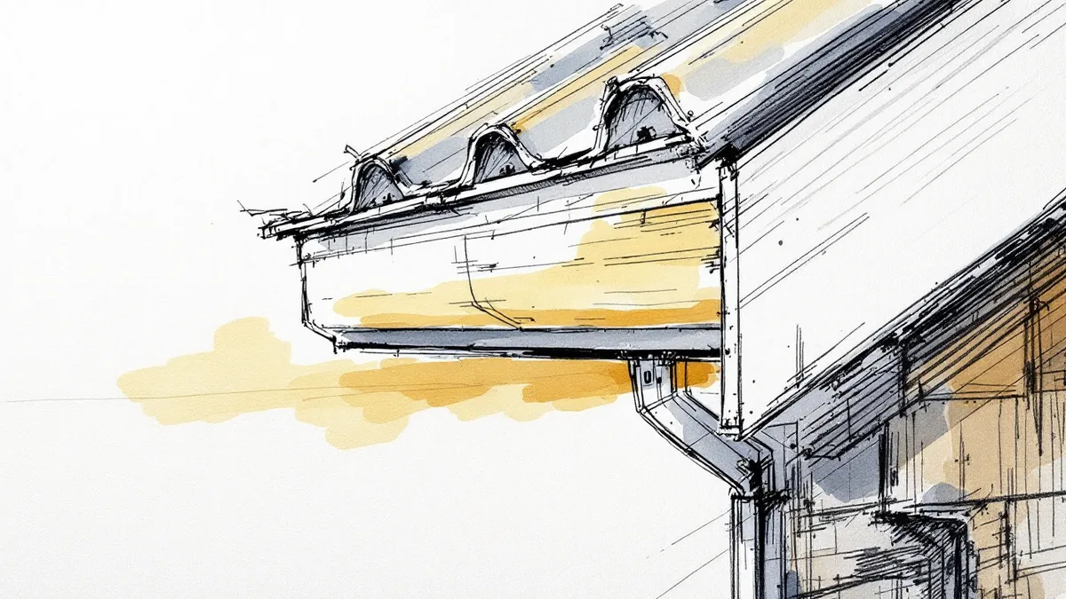 Ink and watercolour sketch of a gutter and downspout detail along a house eave, hanger brackets visible in the channel