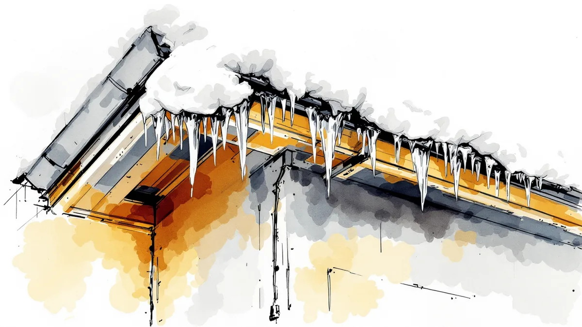 Ink and watercolour sketch of a snow-covered gutter with icicles hanging from the front edge of the eave